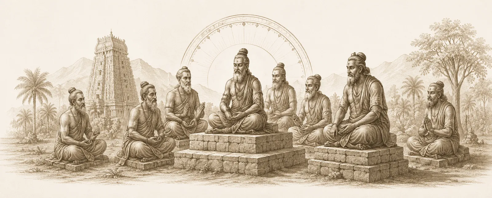 A sculpted assembly of sages — the ancient Tamil Sangam reimagined